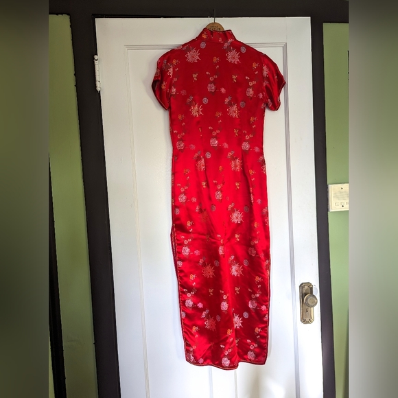Vintage Long Red Satin Floral Asian Cheongsam Qipao Dress large 10 - Picture 2 of 5